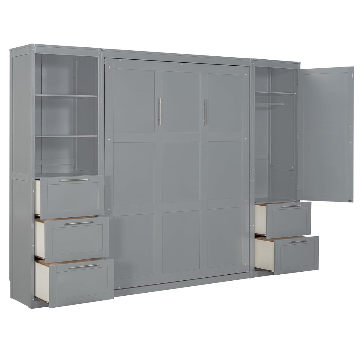 Merax Queen Size Murphy Bed, Wooden Wall Bed with Drawers, Closet and Shelves, Gray Merax