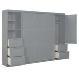 Merax Queen Size Murphy Bed, Wooden Wall Bed with Drawers, Closet and Shelves, Gray Merax