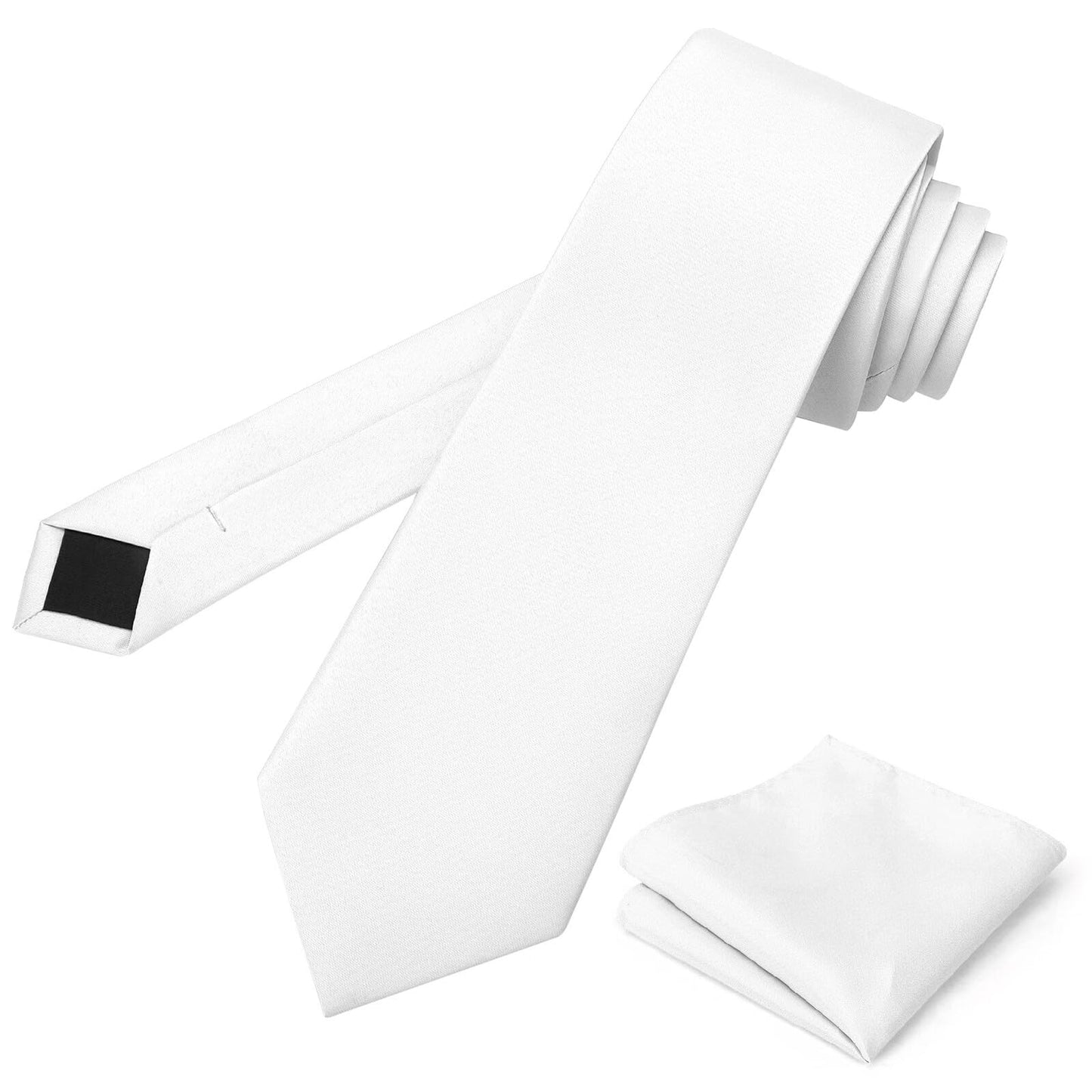 PenSee Men's White Tie Set Solid Pure Color 3.15" (8CM) Classic Formal Plain Necktie and Pocket Square Set For Men