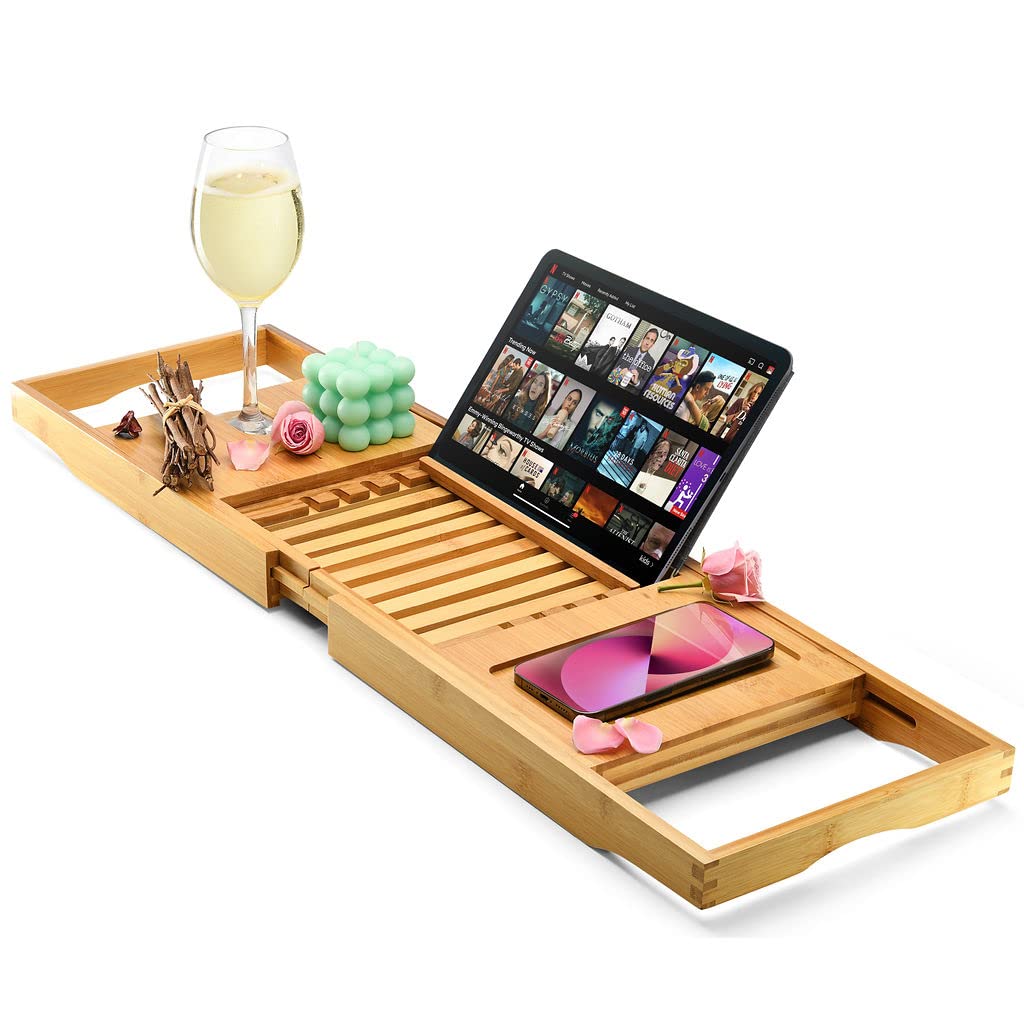Luxury Foldable Bathtub Tray Caddy - Waterproof Wooden Bath Organizer for Wine, Book, Soap, Phone - Expandable Size Fits Most Tubs HOME IT