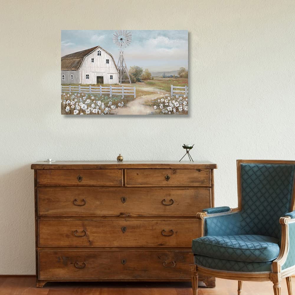 Barn Prints Farmhouse Old Barn Wall Art Handpainted Barn Painting Barn and Flowers Wall Decor Rustic Bedroom Wall Decor Farmhouse Barn Windmills Art for Bathroom Bedroom Living Room Framed Ready to Hang(24"x 16" ) Kunstorner