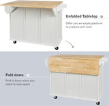 Kitchen Cart with Rubber Wood Drop, Leaf Countertop, Kitchen Island on 5 Wheels with Storage Cabinet and 3 Drawers for Dinning Room (White-53.1IN) WoodArtSupply