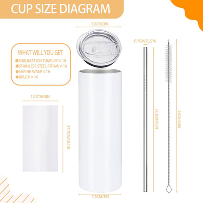 YOUKE OLA 16 Pack Sublimation Tumblers Flat Edge Blanks Skinny Straight Bulk 20 oz, Stainless Steel Double Wall Insulated Sublimation with Straw & Lids for Heat Transfer, White