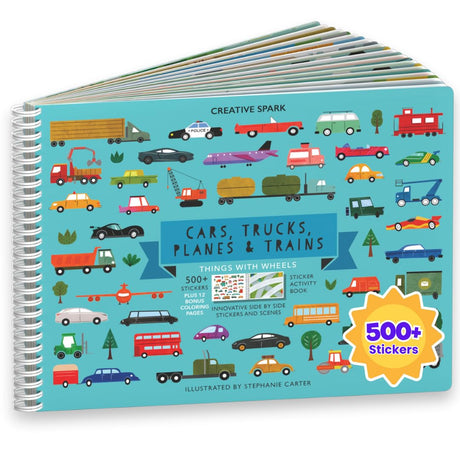 CUPKIN Sticker Book for Kids 2-4, 500+ Kids Stickers, Cars, Trucks, Planes & Trains 12 Coloring Pages 12 Side by Side Scenes, Fun Toddler Travel Activity Coloring and Sticker Books for Ages 4-8 + 8-10 CUPKIN