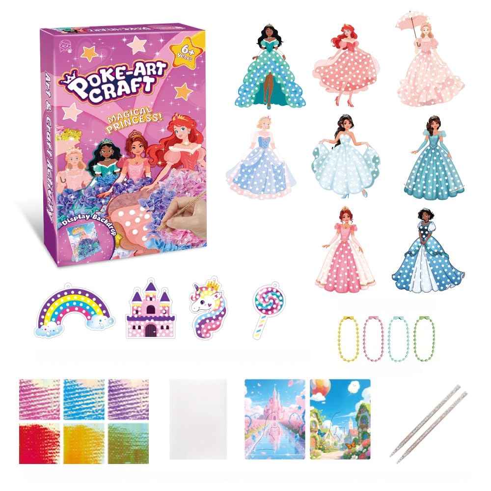BLXIN Poke-Art Princess Craft Kit, Girls DIY Paper Art Set with Castle & Rainbow Designs, Pretty Princess Game,Creative Educational Activity,Crafts Gifts for Girls Ages 3-8, DIY Activity BLXIN