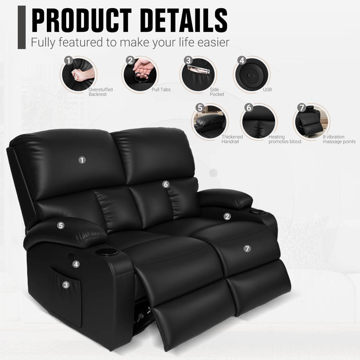 CHABATREE Home Theater Seating,RV Recliner Sofa with Massage and Heat,Manual RV Recliner Loveseat with USB/Cup Holders and Side Pocket for Living Room,2 Seater Black CHABATREE