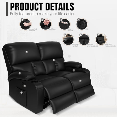CHABATREE Home Theater Seating,RV Recliner Sofa with Massage and Heat,Manual RV Recliner Loveseat with USB/Cup Holders and Side Pocket for Living Room,2 Seater Black CHABATREE