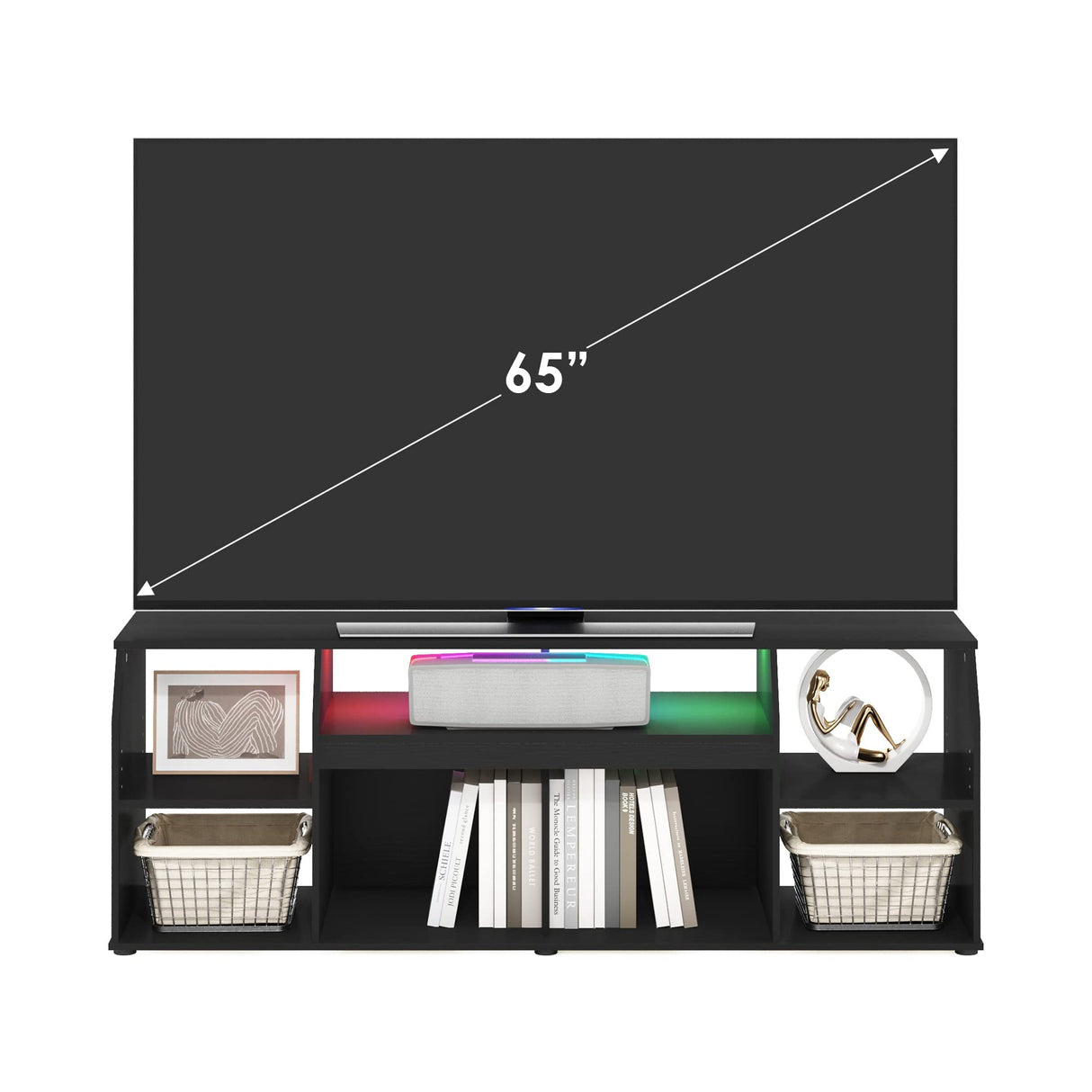 Furinno Jaya TV stand for up to 65 Inch TV, Gaming Enterteinment Center with LED Lights, Living Room Media Console Table, Americano Furinno