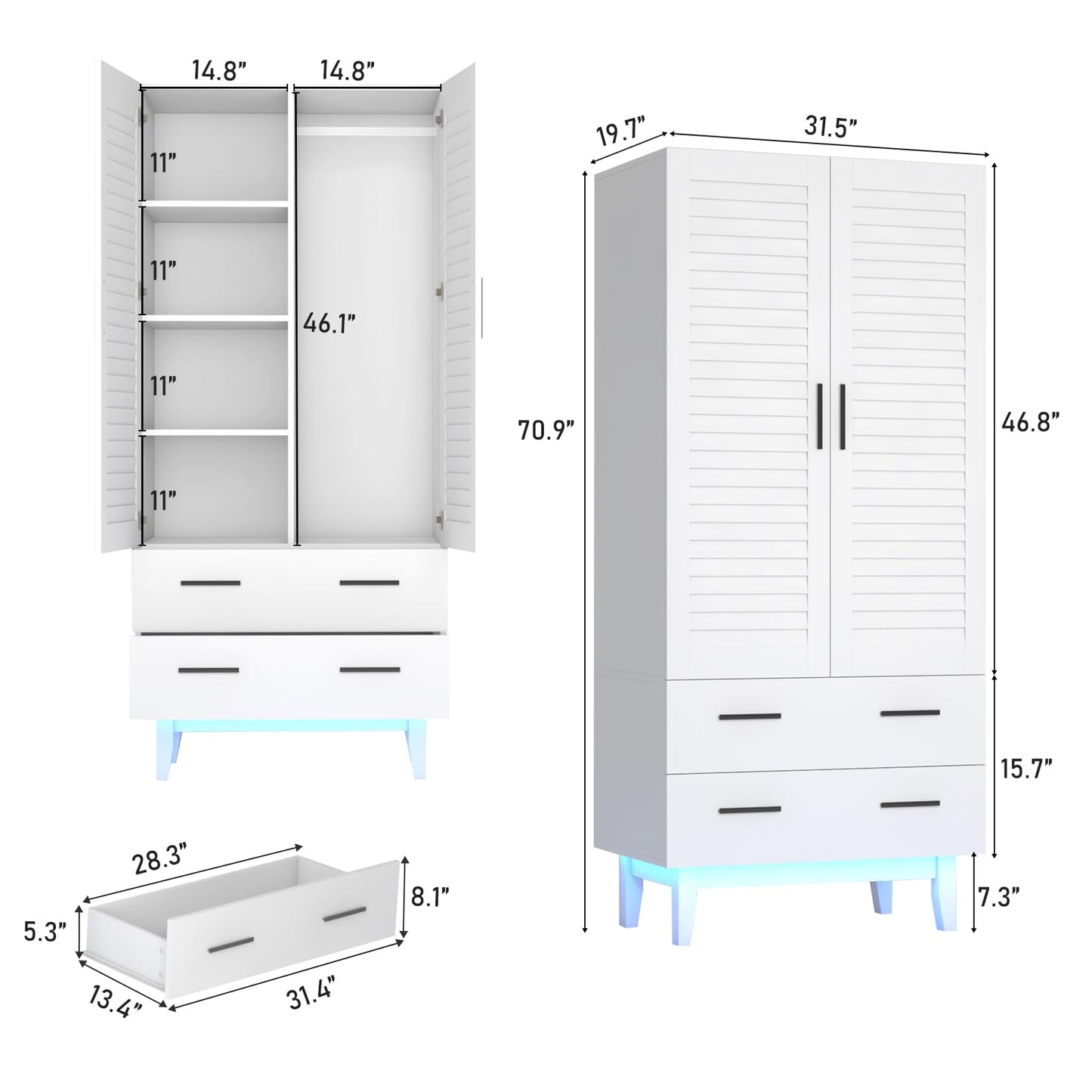 Hlivelood 2 Door Armoire Wardrobe Closet Cabinet with Drawers and LED Lights, Multi-Tier Shelves, Hanging Rod & 2 Louver Doors, Large Capacity Storage Wardrobe Armoire for Bedroom, White… - WoodArtSupply