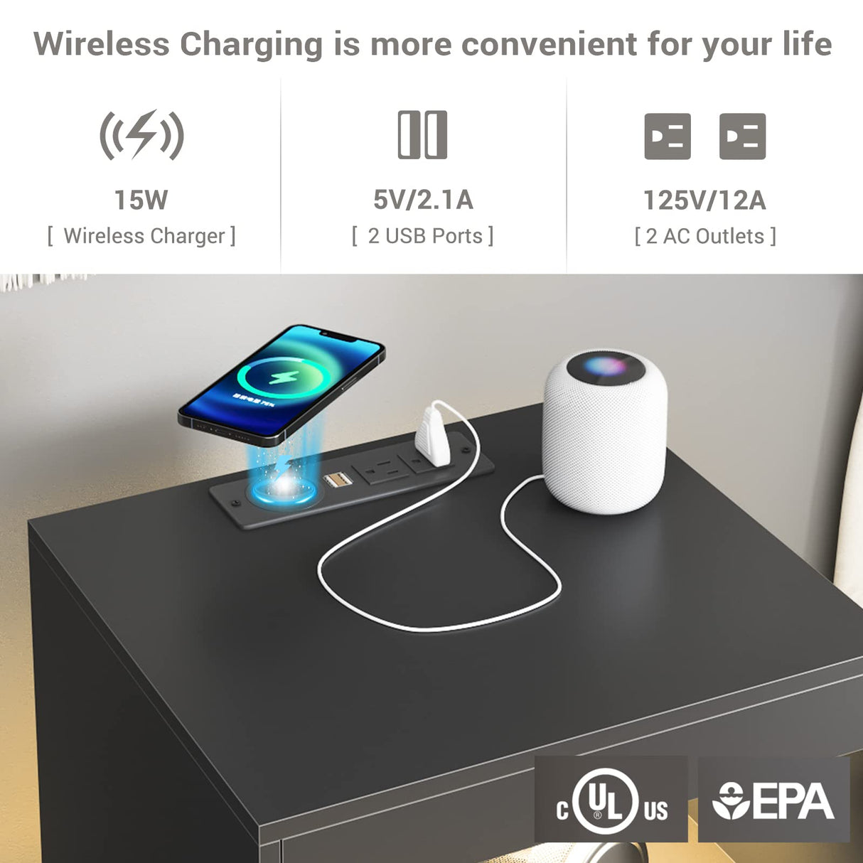 Tiptiper Black Nightstand with Wireless Charging Station and LED Lights, Bedside Table with 2 Drawers, Open Storage, 1 Pull-Out Tray, End Side Table with Charging Station, LED Night Stand with Storage Tiptiper