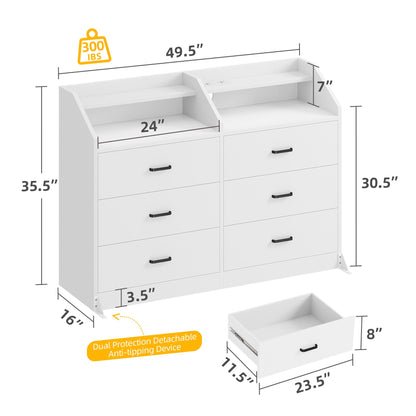 DWVO 6 Drawer Dresser with LED Light and Charging Station, Modern Chest of Drawers, Wide Drawer Organizer Cabinet for Living Room, Entryway, Hallway