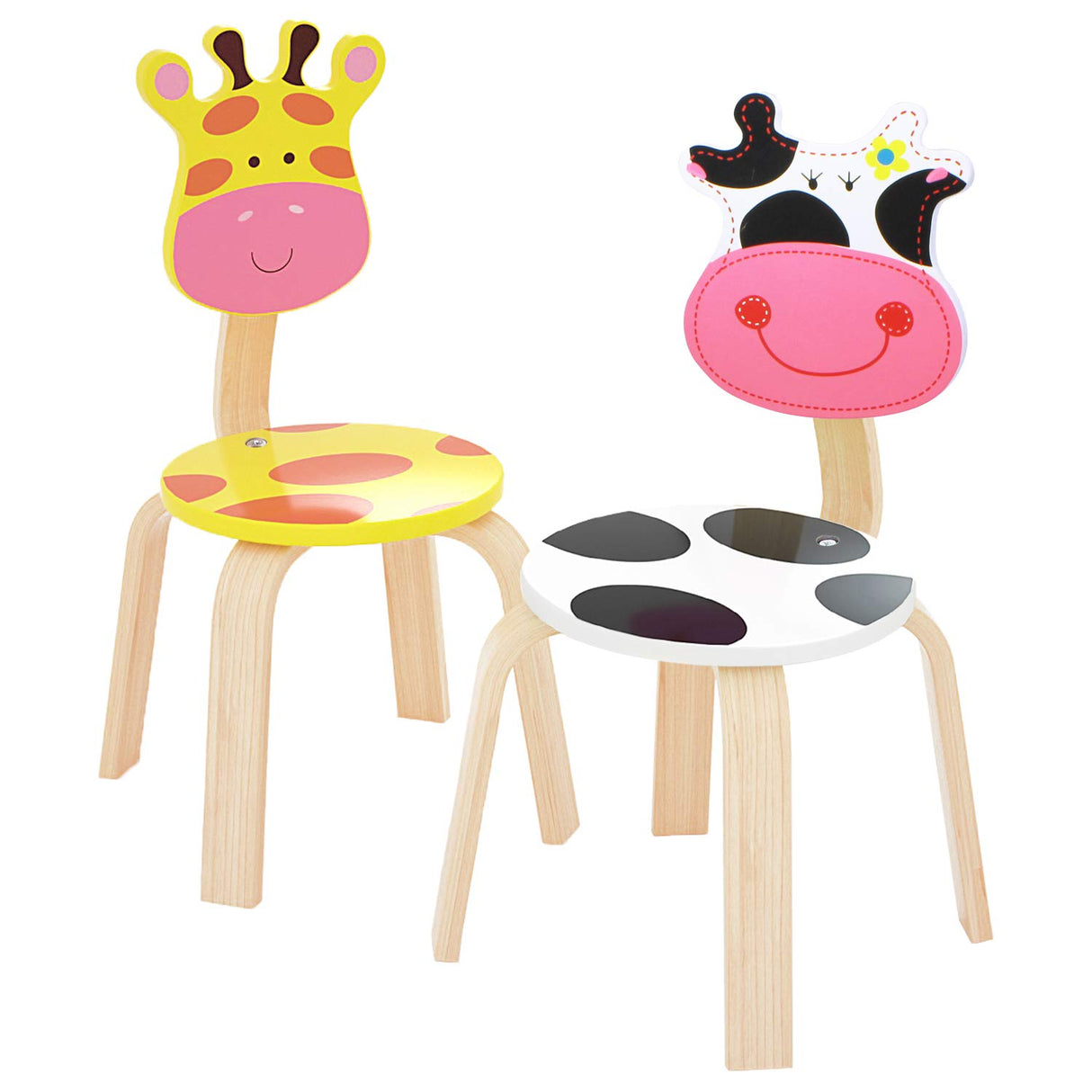 iPlay, iLearn 2 PCS Wooden Kids Chair Sets, Natural Hardwood Giraffe & Cow Animal Children Chairs, Furniture Set for Toddlers Kids Boys Girls, Stackable for Playroom, Nursery, Preschool, Kindergarten iPlay, iLearn