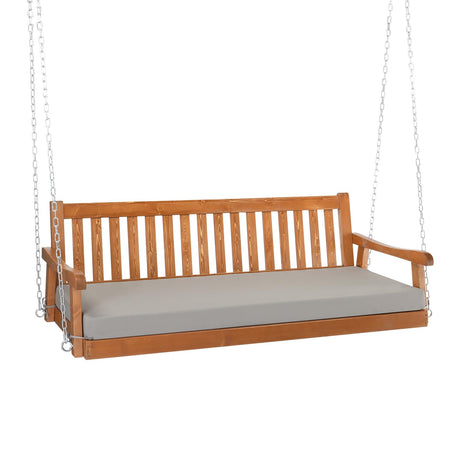 VINGLI Upgraded 6 FT Pine Wood Porch Swing Daybed, Heavy Duty 880 LBS Patio Hanging Swing Sofa Bench with Adjustable Chains and Grey Cushions, Brown Finish VINGLI