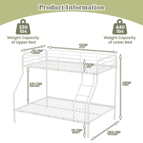 KOMFOTT Twin Over Full Metal Bunk Bed, Heavy-Duty Bunk Bed with Inclined Ladder, Safety Guardrail, Metal Slats Support, Noise-Free Design, Space-Saving Bunk Bed Frame for Teens & Adults (White) KOMFOTT