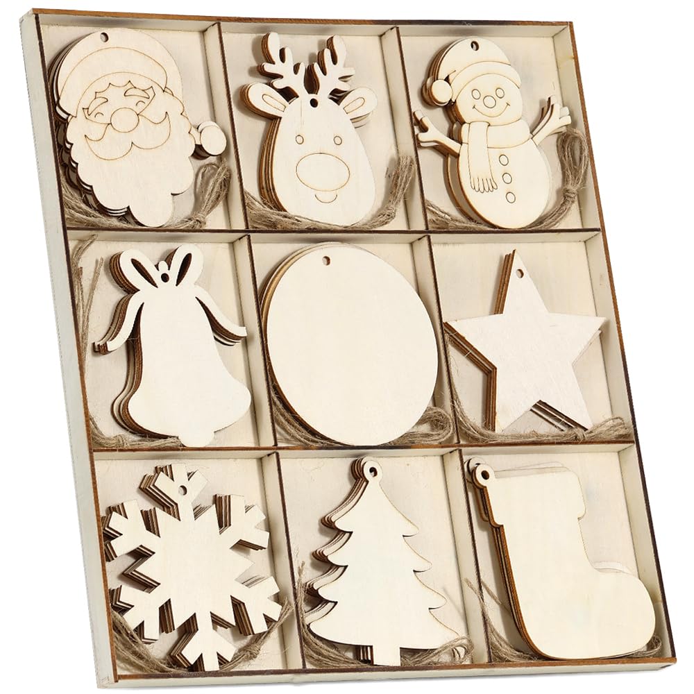 Wohohoho 45Pcs Unfinished Paintable Blank Wooden Christmas Ornaments with Tray, 9 Designs DIY Predrilled Wood Ornaments for Crafts. Christmas Tree Hanging Decorations Xmas Art Birthday Gift for Kids