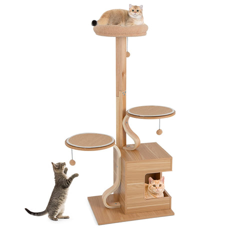 Tangkula Modern Cat Tree, 51 Inch Tall Cat Tower with Solid Wood Post, Curved Plywood Frame, Cat Condo, Perch, Washable Cushions, 4-Layer Cat Activity Center, Cat Tree for Indoor Cats Large Adult Tangkula