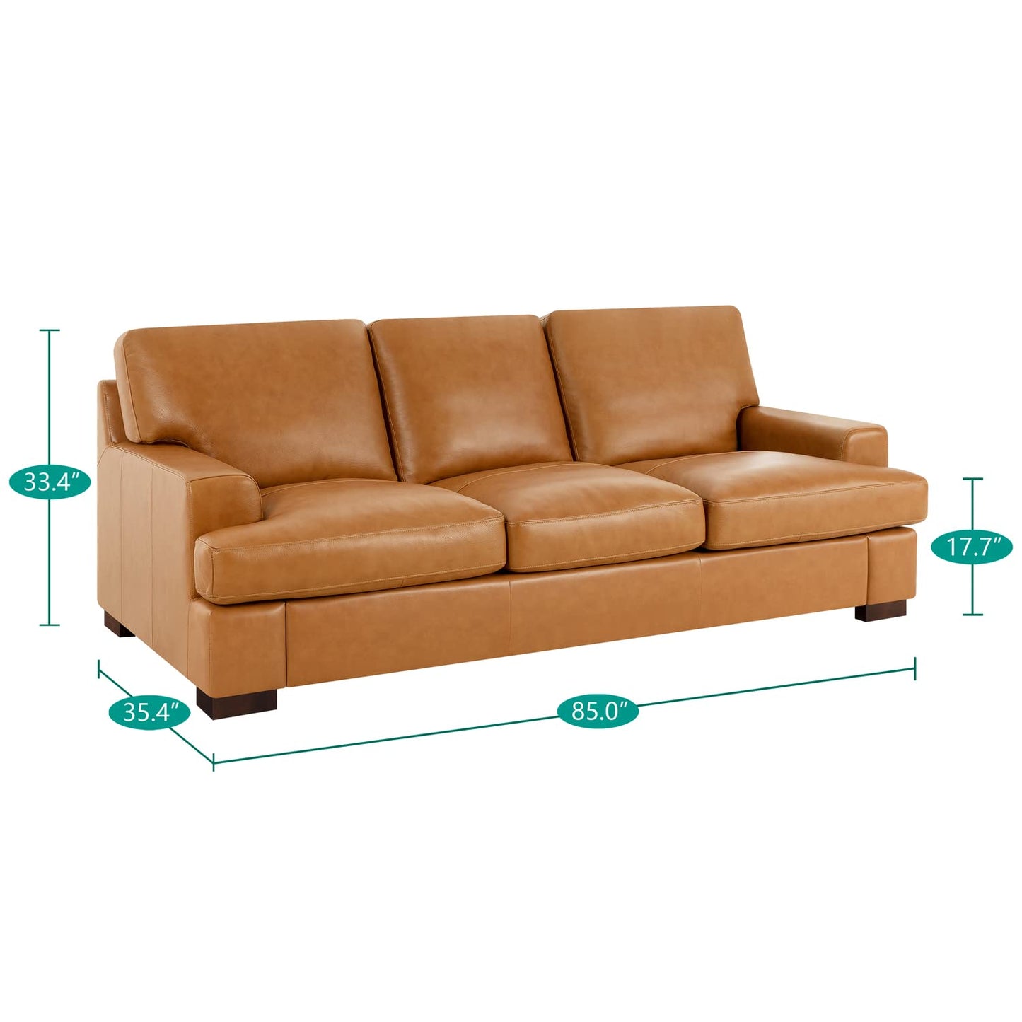 Naomi Home Genuine Leather Sofa - Luxurious Comfort, Goose Feather Cushion Filling, Square Arm Design, Sturdy Block Legs, Elegant Tan - Ideal for Living Room, Office, or Bedroom