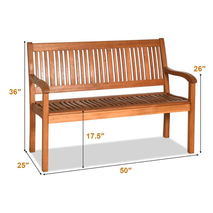 Tangkula Outdoor Wood Bench, Two Person Solid Wood Garden Bench w/Curved Backrest and Wide Armrest, Large Bench for Patio Porch Poolside Balcony, 50" W x 25" D x 36" H (Natural) - WoodArtSupply