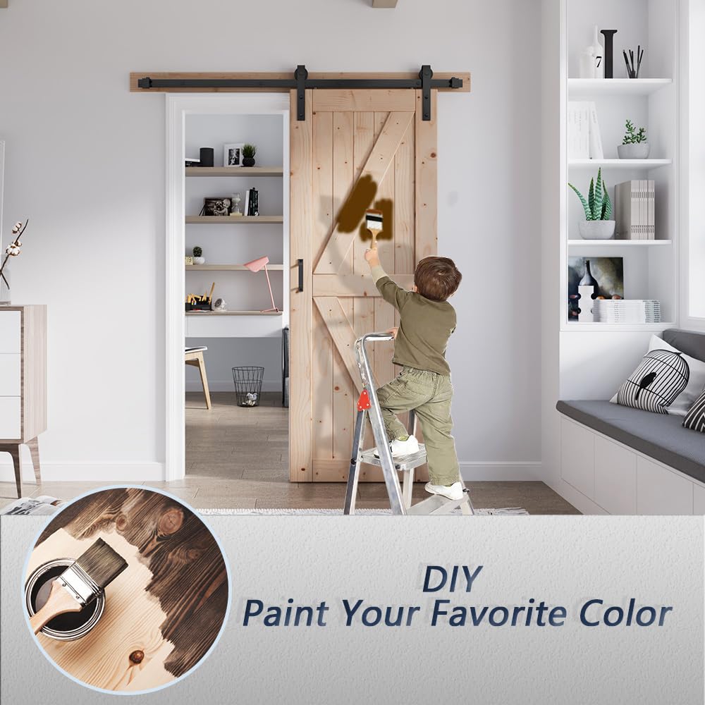 FREDBECK 30in x 80in Sliding Barn Door and 5FT Sliding Door Hardware Kit Included K Shape Solid Spruce Wood Panel for Bedroom Need to Assembly FREDBECK