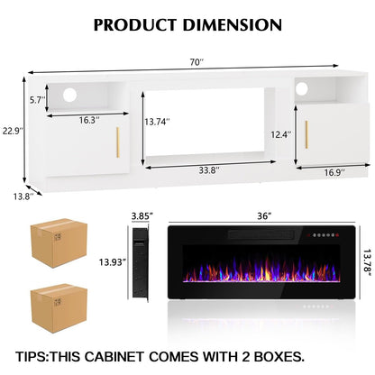 Lemberi Fireplace tv Stand with 36 inch Fireplace Up to 80" TVs,LED Light Entertainment Center and Storage, 70" Modern Wood Media TV Console with Highlight Cabinet for Living Room (White)