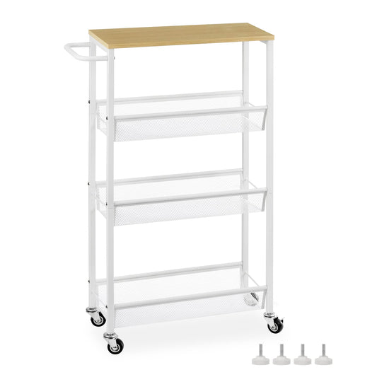 MOOACE Slim Storage Cart, 4 Tier Rolling Kitchen Shelving Unit on Wheels Mobile Narrow Cart with Wooden Tabletop for Bathroom, Laundry Narrow Places, 16.6''x 7.3''x 31.1''inch - White