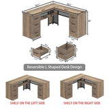 HSH Large L Shaped Home Office Desk with Drawers, Rustic L-shaped Computer Desk with Storage File Cabinet Shelves, Corner Reversible Metal Wood Executive Work Study Writing Table, 59 Inch Bedroom Desk HSH