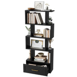 Geometric Bookshelf, 59” Tall S Shaped Bookshelf with Drawer, 5 Tier Bookshelf with Anti-Tipping Device, Wood Geometric Open Storage Display Shelf for Living Room,Study Room,Office,Bedroom(Black) HOTLUU