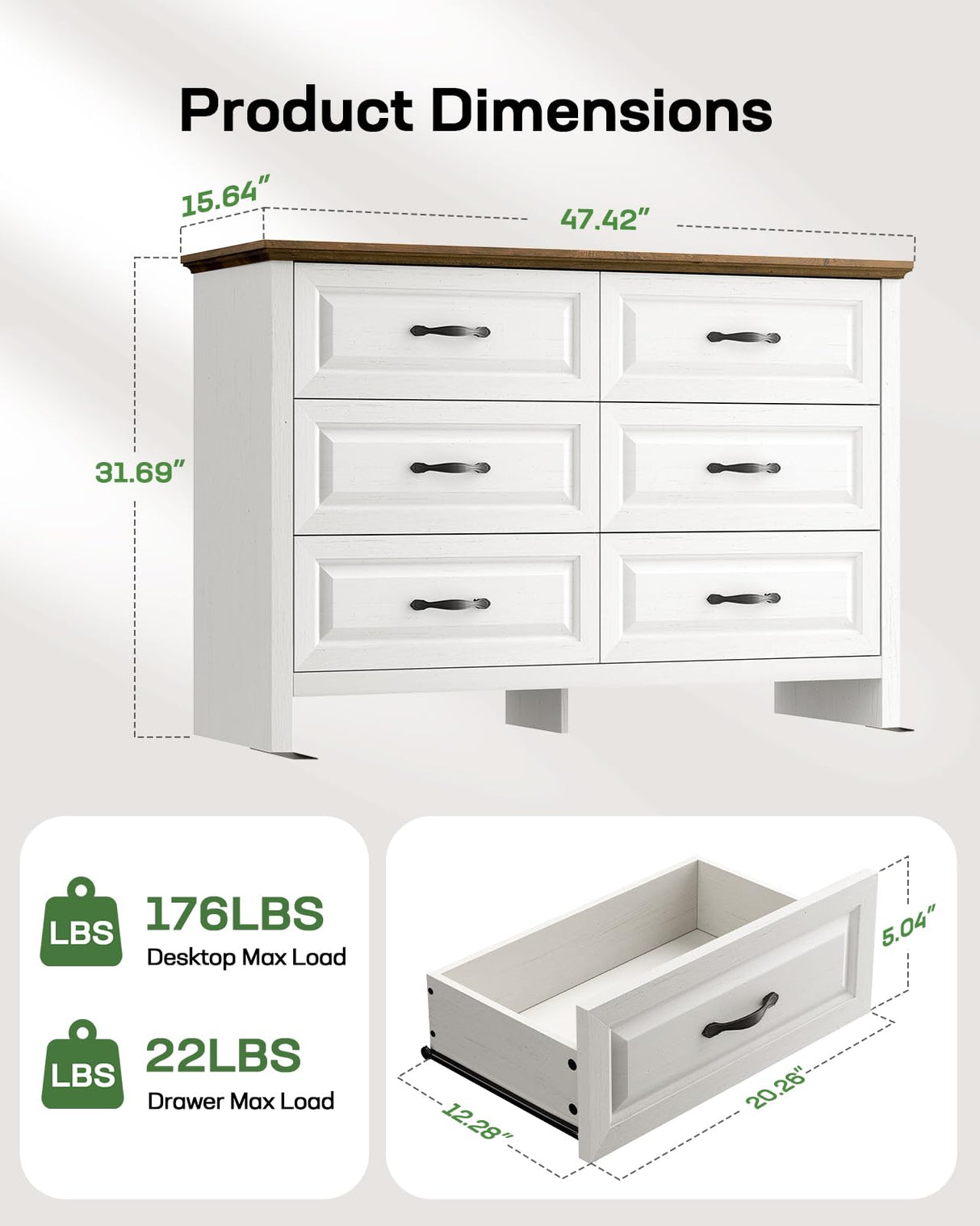 Marsail Farmhouse 6 Drawer Dresser, Wood Chest of Drawers with Natural Texture, Smooth Gliding Drawers, Versatile Storage Organizer Cabinet for Bedroom & Living Room, White and Brown Marsail