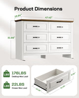 Marsail Farmhouse 6 Drawer Dresser, Wood Chest of Drawers with Natural Texture, Smooth Gliding Drawers, Versatile Storage Organizer Cabinet for Bedroom & Living Room, White and Brown Marsail