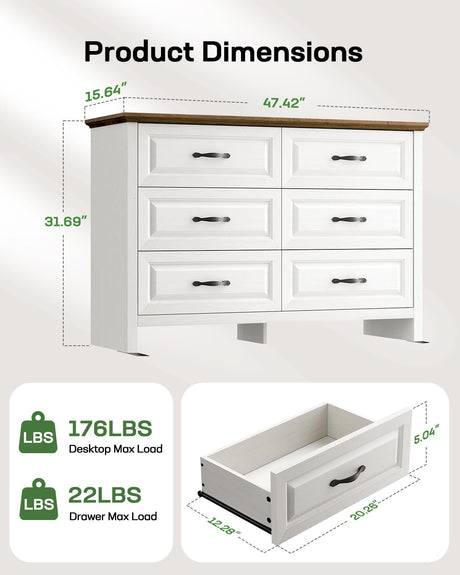 Marsail Farmhouse 6 Drawer Dresser, Wood Chest of Drawers with Natural Texture, Smooth Gliding Drawers, Versatile Storage Organizer Cabinet for Bedroom & Living Room, White and Brown Marsail