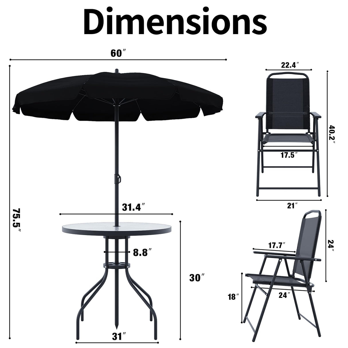 TAVATA 6 Piece Patio Dining Set with Umbrella, Outdoor Furniture Set with 4 Folding Chairs & Portable Metal Garden Table for Lawn, Backyard, Deck, Camping（Black） TAVATA