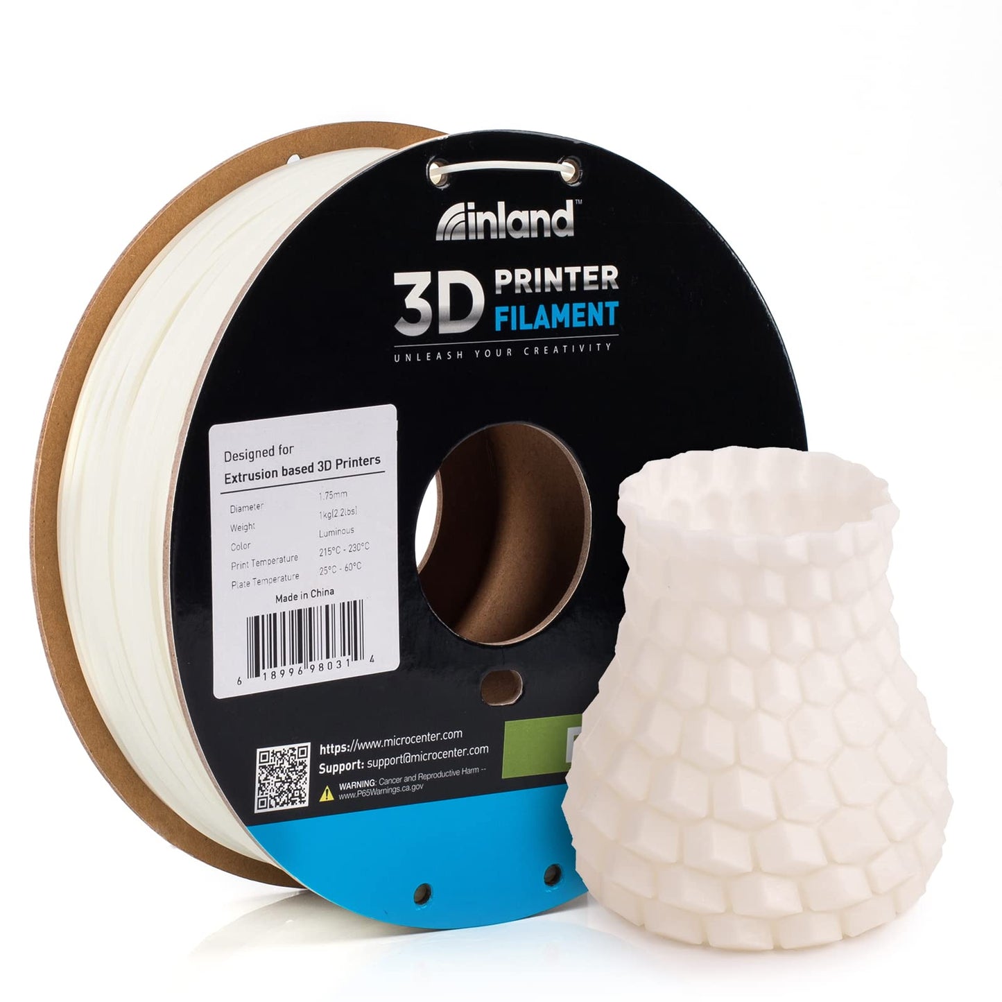 INLAND PLA Filament 1.75mm - Glow in The Dark Light Green PLA 3D Printer Filament, Dimensional Accuracy +/- 0.03mm - 1kg Cardboard Spool (2.2 lbs) – FDM 3D Printing - WoodArtSupply