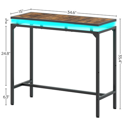 YATINEY Bar Table with LED Lights, Counter Height Table, Bar Height Table, Pub Table, Gaming Table, Metal Frame, for Living Room, Dining Room, Pub, Rustic Brown and Black BT01DBR