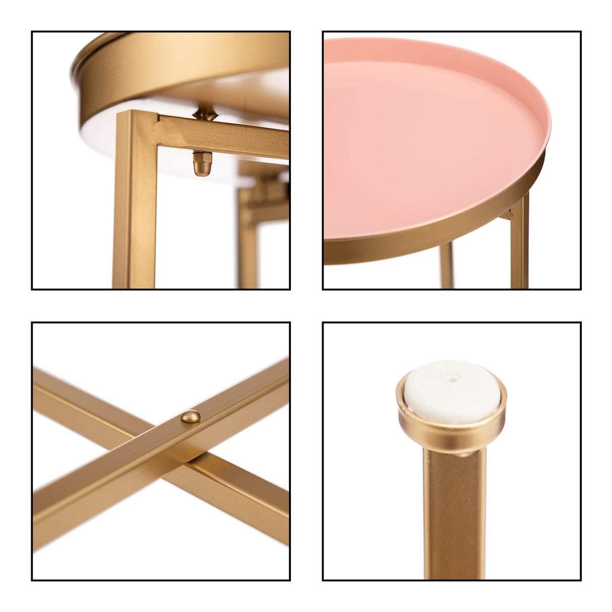 HollyHOME Small Round Metal End Table, Accent Indoor&Outdoor Coffee Side Table, Snack Sofa Table for Living Room, Anti-Rust Decorative Plant Stand, (D) 14.5" x(H) 25", Gold&Pink HollyHOME