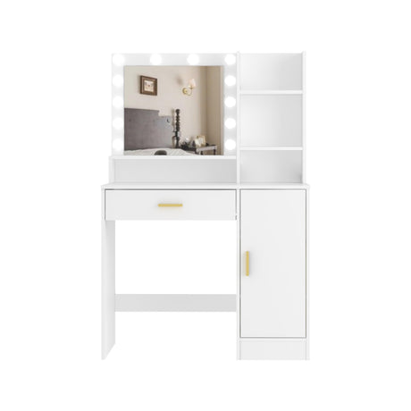 Vanity Desk, Vanity Mirror with Lights and Table Set with 1 Big Drawers, 1 Cabinet & 4 Shelves Makeup Vanity Set 3 Lighting Modes Brightness Adjustable Dressing Table (White) Panana
