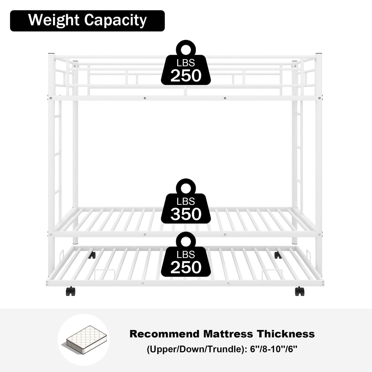 Merax Triple Bunk Bed, Twin Over Twin Bunk Beds with Trundle, Sturdy Steel Bunk Beds Frame for 3 Kids/Teens with Two Side Ladders and Safety Guard Rail,White Color Merax