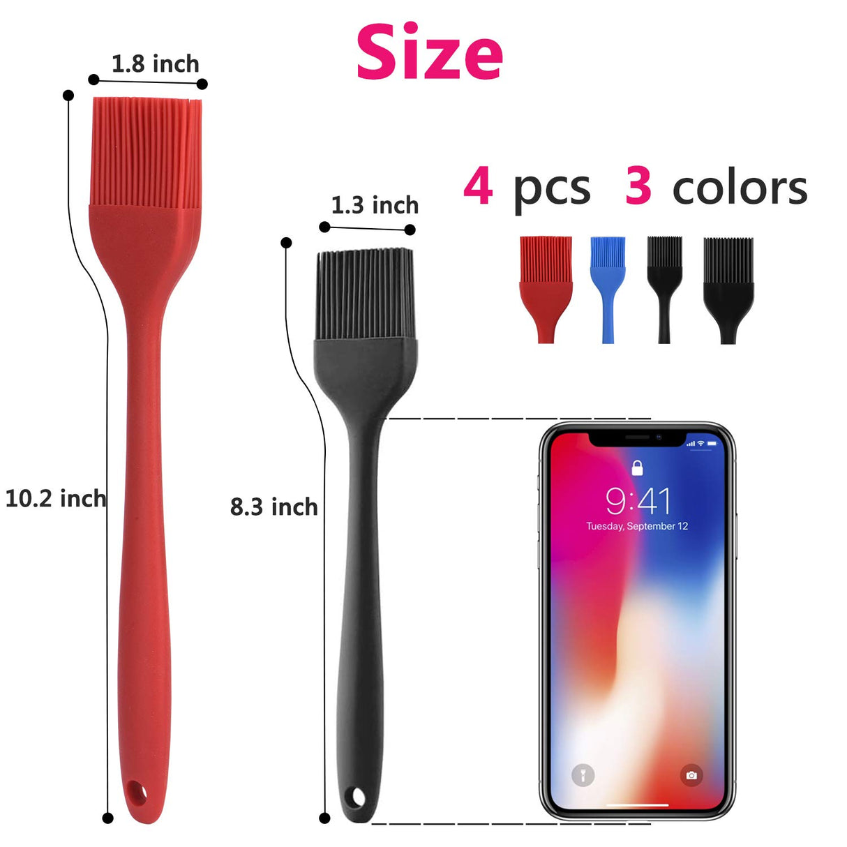 Hhyn Silicone Basting Pastry Brush Set 4 Pack Heat Resistant Spread Oil Butter Sauce for BBQ Grill Barbeque Kitchen Baking Cooking Pastries, 2 Large & 2 Small Multicolor Hhyn