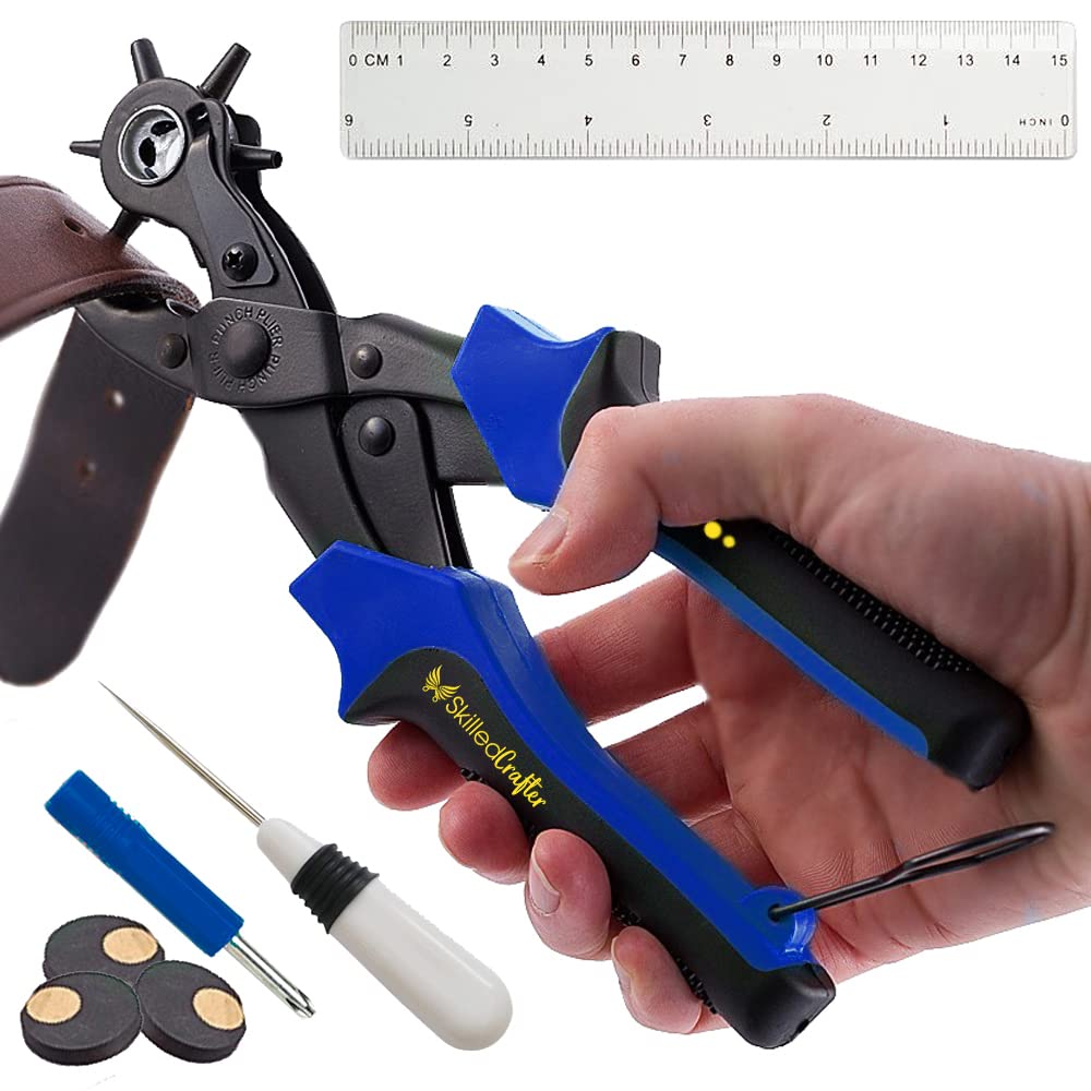 Leather Hole Punch & Belt Hole Puncher Easily Punches Perfect Round Holes. Bonus Ruler & Awl Tool. Leather Craft Tool for Watch or Bag Strap, Fabric, Eyelet - Precision Crafting & Professional Results Skilled Crafter