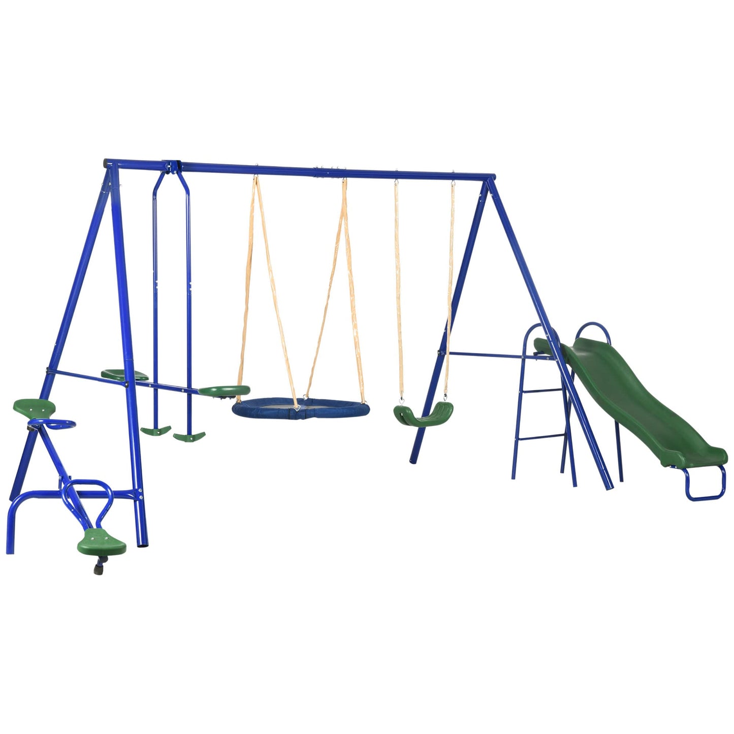 Outsunny 693 lbs Swing Set for Backyard, 5 in 1 Heavy-Duty A-Frame Stand Outdoor Playset for Kids, with Saucer Swing, Slide, Seesaw, Glider, Swing Seat - WoodArtSupply