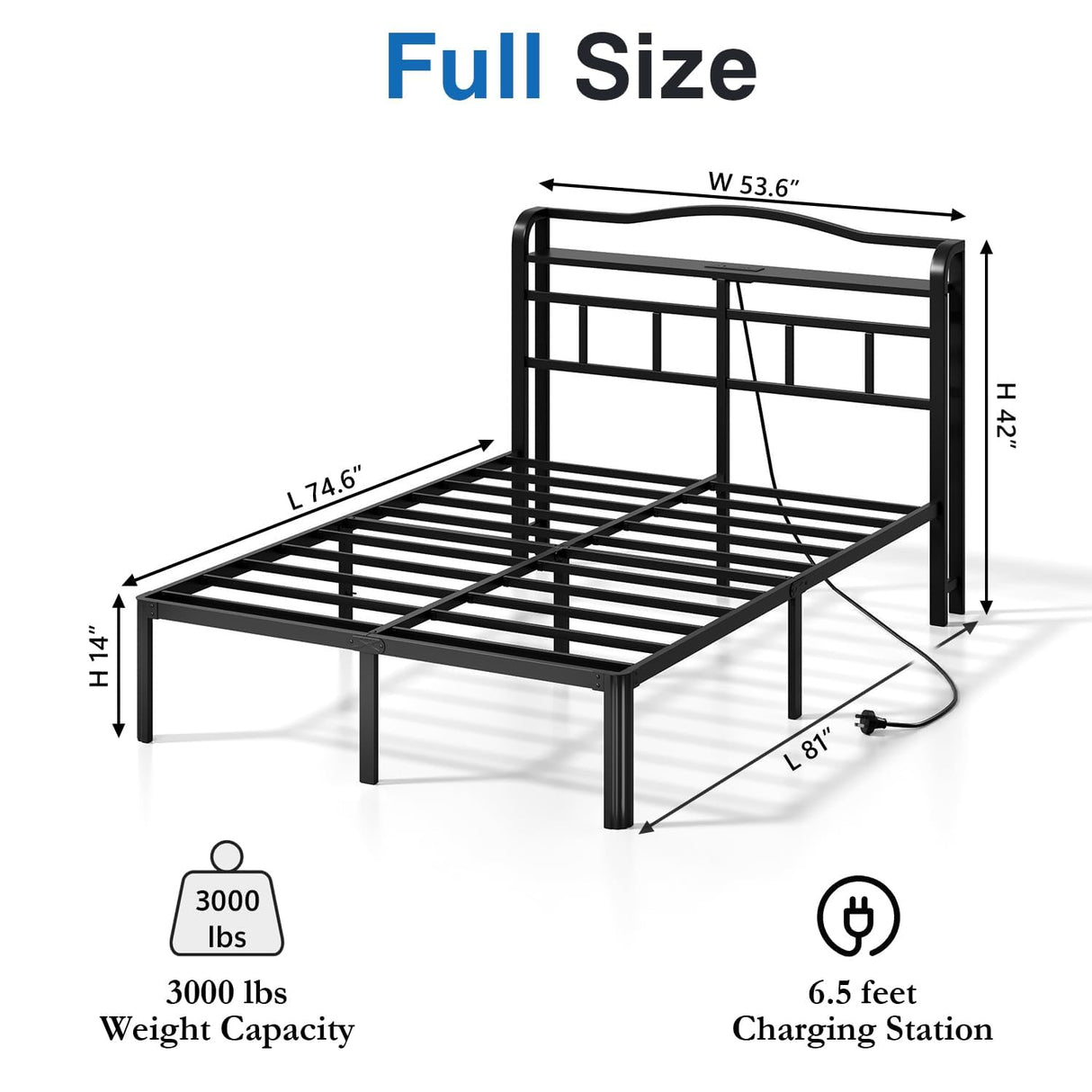 HAVONIZD Full Size Bed Frame - Storage Headboard with Charging Station, 14 Inch Sturdy Metal Platform Bed Frame No Box Spring Needed, Easy Assembly, No Noise, Black HAVONIZD