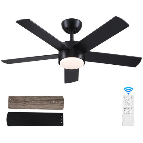 POCHFAN 42 inch Black Ceiling Fans with Lights and Remote Control, LED Ceiling Fan Dimmable 3-Color Temperatures 6-Speed, Quiet Modern Ceiling Fan for Bedroom, Living Room, Dining Room POCHFAN