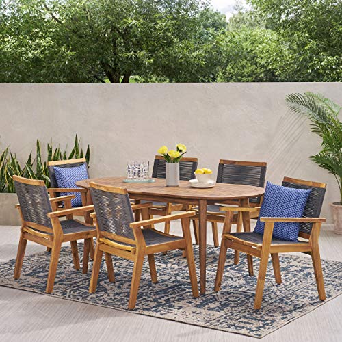 Christopher Knight Home Ashley Outdoor 7 Piece Acacia Wood Dining, Teak and Dark Gray - WoodArtSupply