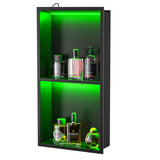 Bernkot Led Shower Niche with RGB Light 24" X 12" Matte Black 304 Stainless Steel Shower Niche with 2-Tiers Shelves Waterproof No Tile Needed Recessed Niches Shower for Bathroom Storage Bernkot