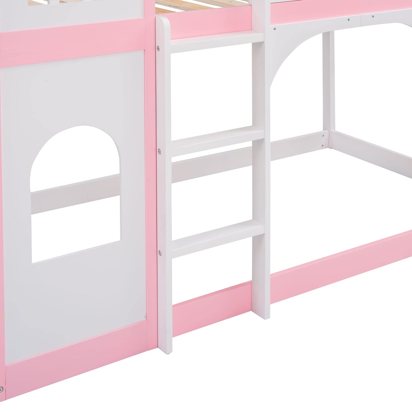 Harper & Bright Designs Low Bunk Bed Twin Over Twin, Wooden Bunk Bed Frame for Kids Girls Boys, Castle Shape Design (Pink)