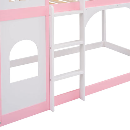 Harper & Bright Designs Low Bunk Bed Twin Over Twin, Wooden Bunk Bed Frame for Kids Girls Boys, Castle Shape Design (Pink)