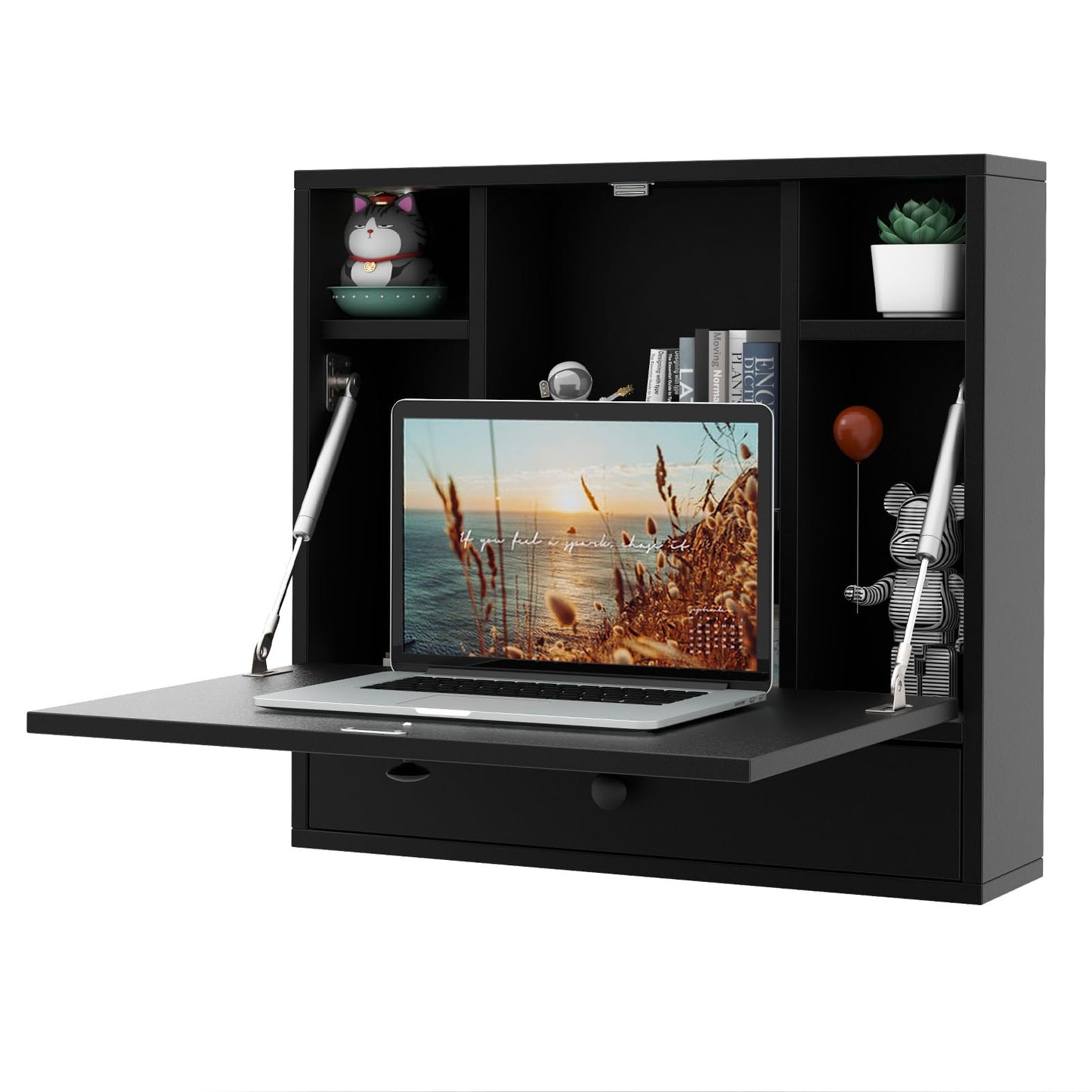 Tangkula Wall Mounted Desk, Multi-Function Floating Desk Wall Mount Laptop Desk, Space Saving Wall Mounted Table Wall Desk with Storage Drawer and Shelves (Black) - WoodArtSupply