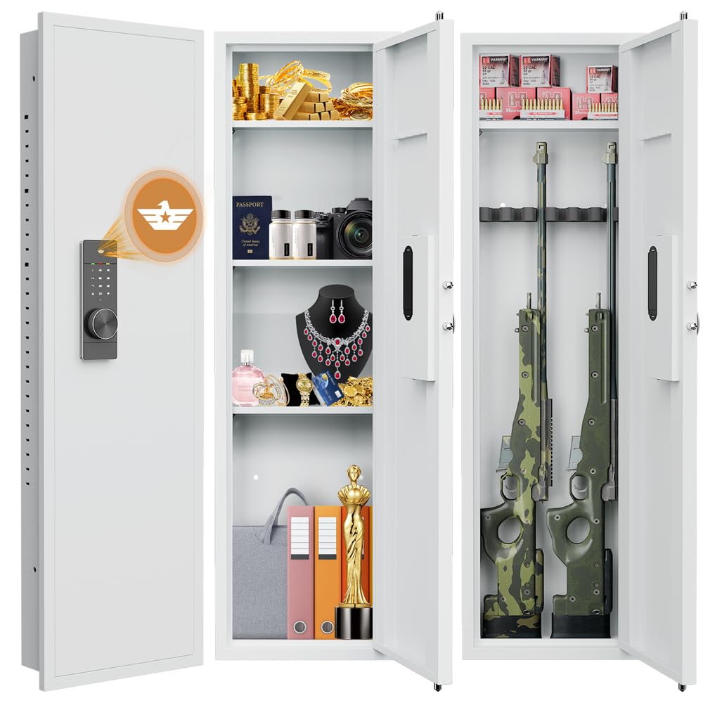 Omethey 53.15" Wall Safe Between the Studs, Hidden Safe with Dual Alarm System and Silent Mode, Wall Gun Safe with 3 Adjustable Shelves and Magnetic Slot (White-Digital) Omethey