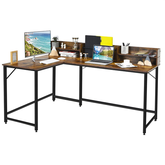 Tangkula 66.5 Inches L-Shaped Desk, Space Saving Corner Computer Desk with Hutch, Study Writing Desk with Storage Shelves Heavy Duty Steel Frame, Gaming Desk Computer Workstation for Home & O - WoodArtSupply