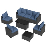 Aoxun 8 Piece Patio Furniture Set with 44” Fire Pit Table Wicker Rattan Patio Sectional Sofa Set Outdoor Seating Furniture with Thickened Cushion, Navy Blue Aoxun