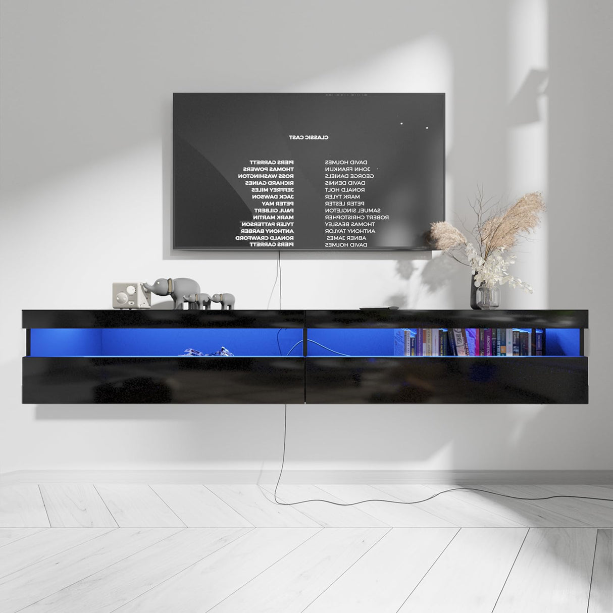 EXQUAL Floating TV Stand, Wall Mounted TV Shelf with Led Lights & Power Outlet, 71" Modern Entertainment Center Media Console with Storage, High Gloss TV Cabinet for 65/75/80 inch TV EXQUAL